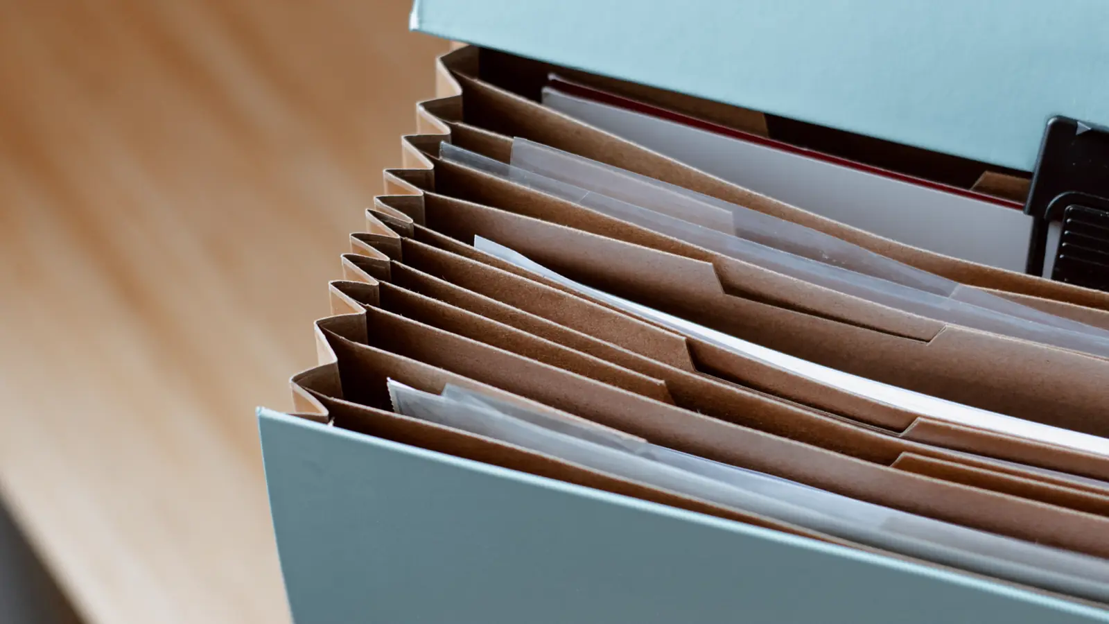 Blue accordion file holding organized paper records on a desk