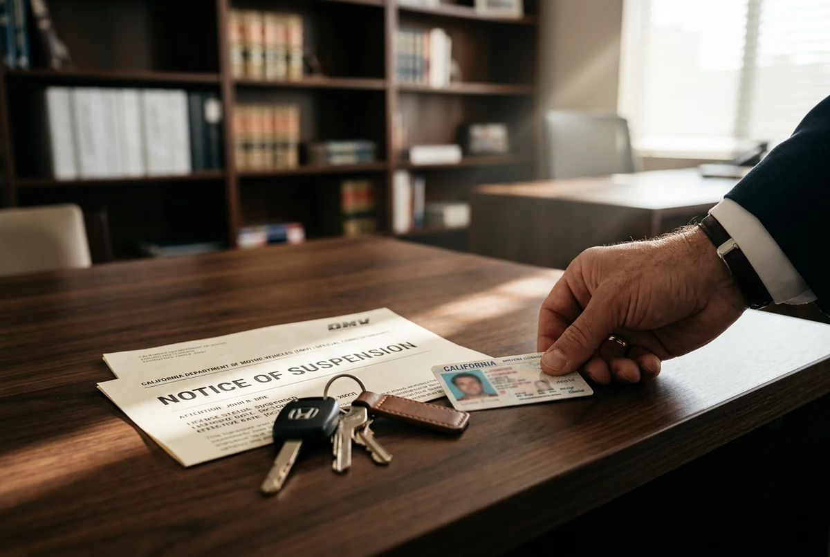 A DMV notice of license suspension with car keys and a driver license