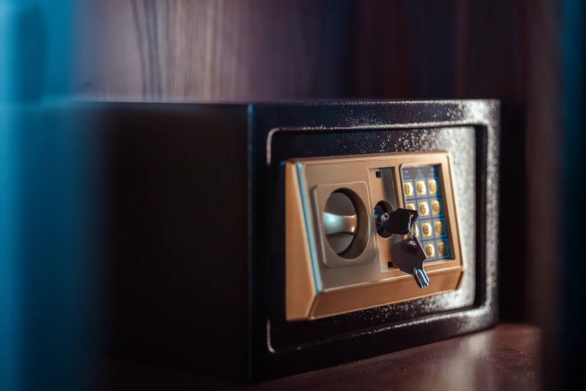Closed electronic safe with a keypad and key
