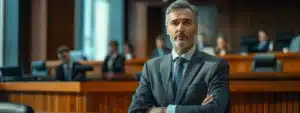 a stern-faced lawyer in a tailored suit confidently addressing a jury in a modern courtroom.