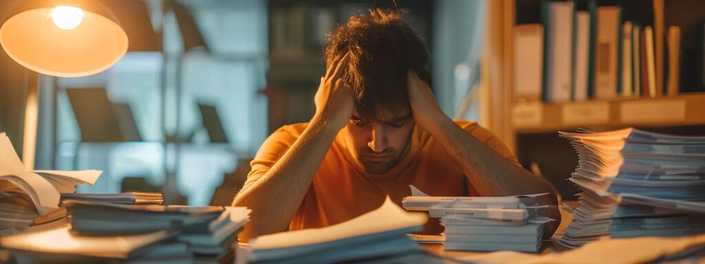 a person sitting at a desk with a stack of legal documents, looking overwhelmed and anxious as they prepare for their dui court proceedings.