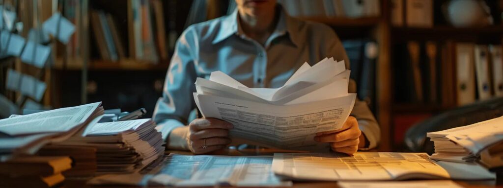 a person with a serious expression reading a comprehensive legal document related to dui court proceedings, surrounded by organized files and a calendar marking important court dates.