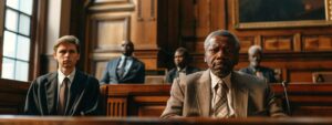 a solemn-faced judge sitting behind a large wooden bench, looking down at a defendant with a concerned expression, while a lawyer stands beside them in a courtroom.
