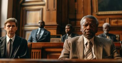 a solemn-faced judge sitting behind a large wooden bench, looking down at a defendant with a concerned expression, while a lawyer stands beside them in a courtroom.