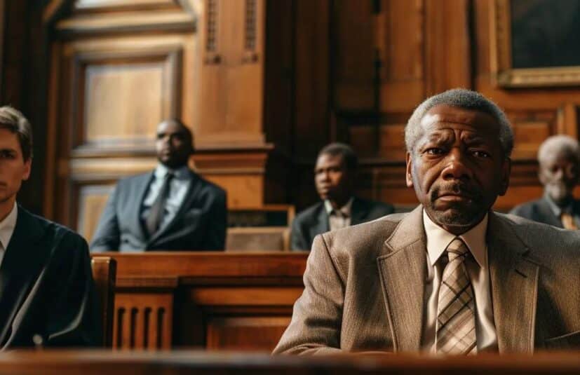 a solemn-faced judge sitting behind a large wooden bench, looking down at a defendant with a concerned expression, while a lawyer stands beside them in a courtroom.