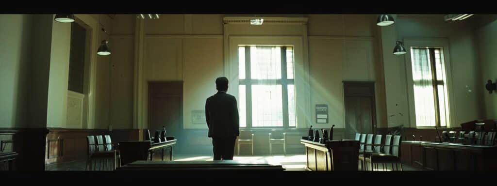 a somber courtroom with a defendant standing before a judge during the dui arraignment process in illinois.