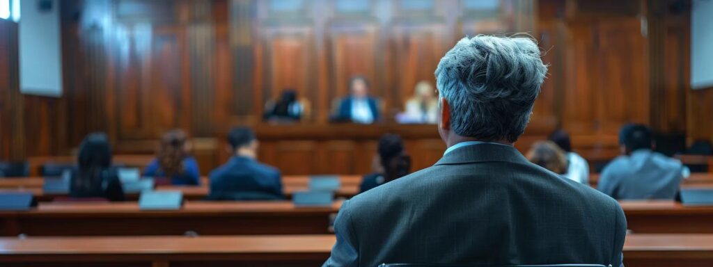 in a courtroom, a defendant listens intently to expert testimony while their defense attorney reviews evidence from a blood test.