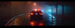a somber and dramatic night scene illuminates a police car's flashing lights, casting reflective hues on a foggy street, symbolizing the seriousness of a dui arrest.