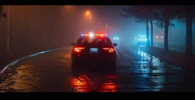 a somber and dramatic night scene illuminates a police car's flashing lights, casting reflective hues on a foggy street, symbolizing the seriousness of a dui arrest.