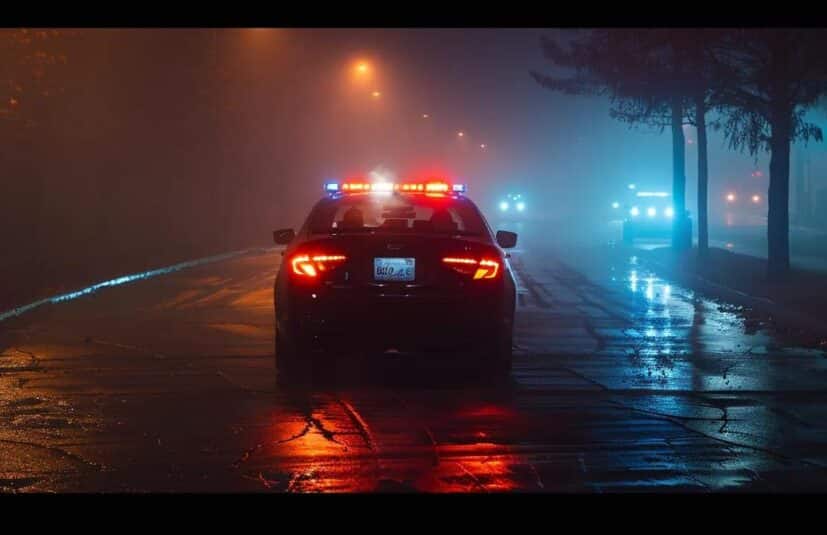 a somber and dramatic night scene illuminates a police car's flashing lights, casting reflective hues on a foggy street, symbolizing the seriousness of a dui arrest.