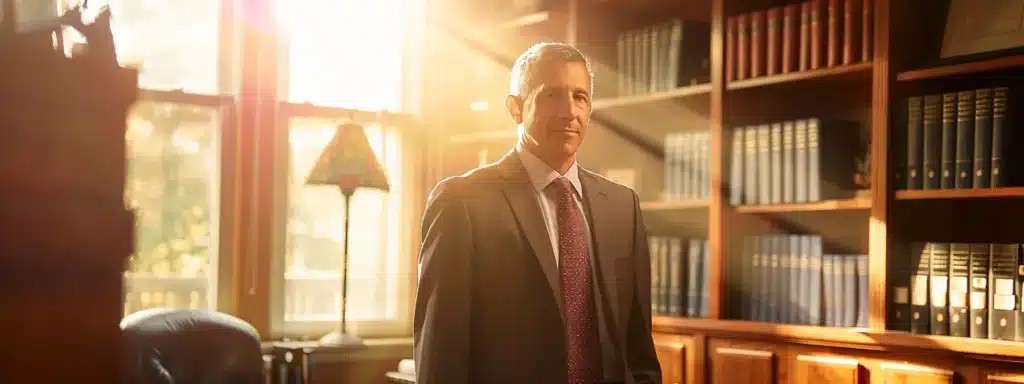 a confident attorney stands in a sunlit law office, surrounded by legal books and certificates, embodying professionalism and dedication to dui defense, as the warm glow highlights their commitment to ongoing education and integrity in legal practice.