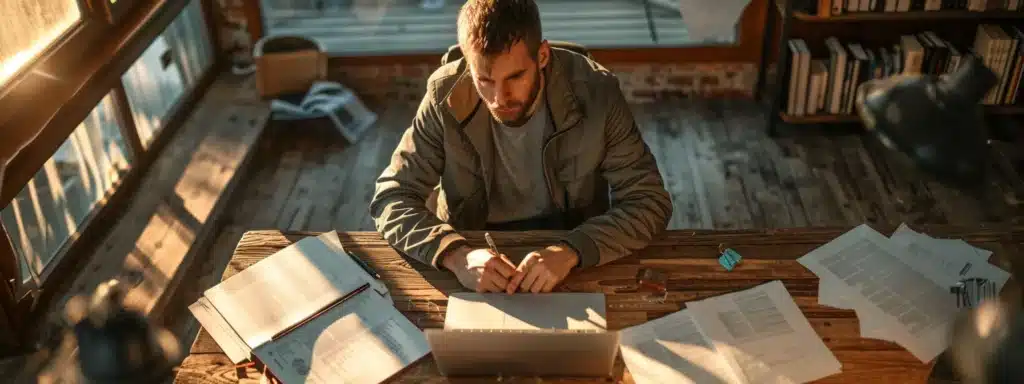 a contemplative client sits at a rustic wooden desk, surrounded by open legal documents and a laptop, contemplating their choices with a focused expression as warm, natural light filters through a nearby window.