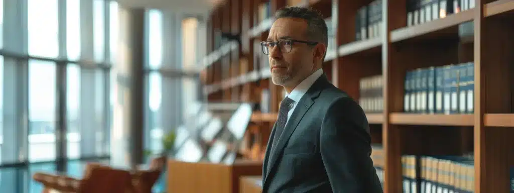 a focused and confident attorney stands in a sleek, modern office, engaging in a serious discussion about dui defense strategies, with legal books and case notes prominently displayed in the background, illuminated by soft, natural light streaming through large windows.