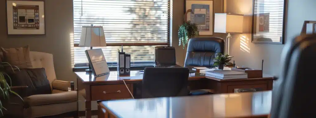 a serene office setting highlights a heartfelt consultation between a client and a dui attorney, with documents and a laptop open on the table, bathed in warm, inviting lighting that emphasizes a sense of trust and professionalism.