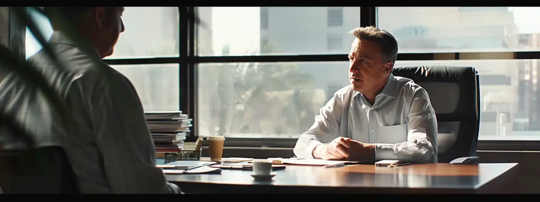 a confident client sits across a polished conference table from a poised dui attorney, as they engage in a serious discussion, surrounded by files and legal documents that reflect their critical decision-making process in a sleek, modern office setting.