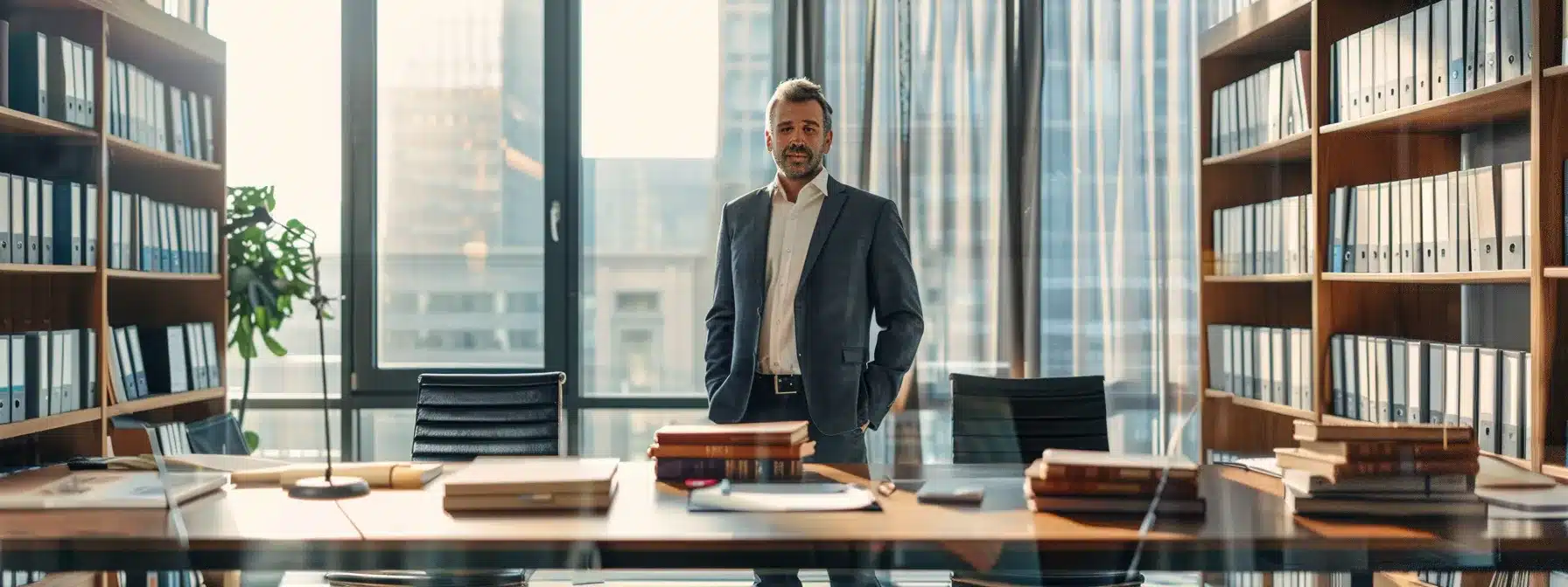 a confident dui lawyer stands in a modern office meeting room, poised at a sleek conference table surrounded by legal books and case files, conveying professionalism and expertise as they consult with a client about crucial qualifications and legal strategies.