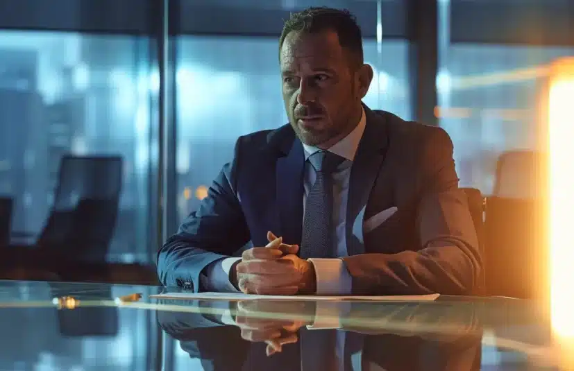 a confident individual sits at a sleek conference table in a modern law office, intensely discussing key legal strategies with a skilled dui lawyer, illuminated by professional lighting that emphasizes a focus on trust and expertise.