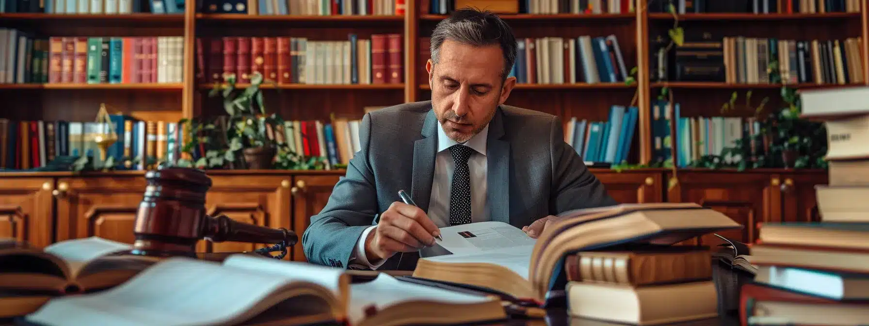 a focused attorney confidently discusses legal strategies for dui defense in a modern, well-appointed office, surrounded by law books and case files that highlight their expertise and personalized approach.
