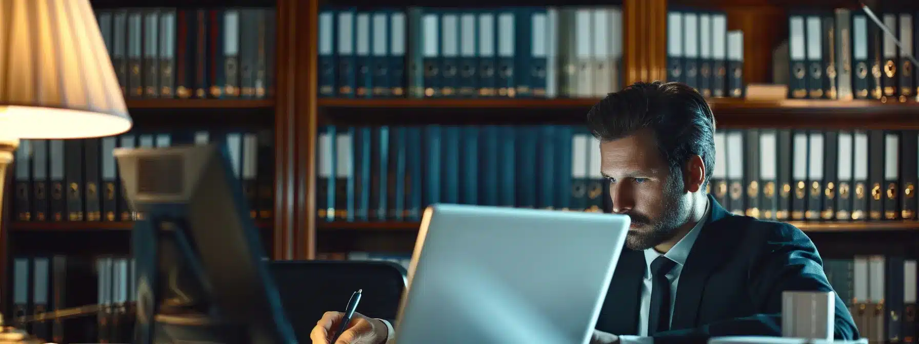 a sophisticated office scene featuring a focused individual intently researching dui lawyer profiles on a sleek laptop, with illuminated testimonials and case outcomes displayed on the screen, emphasizing the importance of thorough reputation analysis.