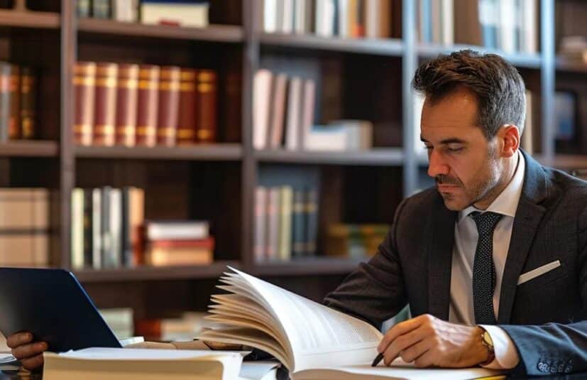 a confident individual sits at a sleek, modern office desk, thoughtfully reviewing a stack of legal documents, while a polished bookshelf filled with law books and certificates looms in the background, emphasizing the pursuit of finding the best dui lawyer.